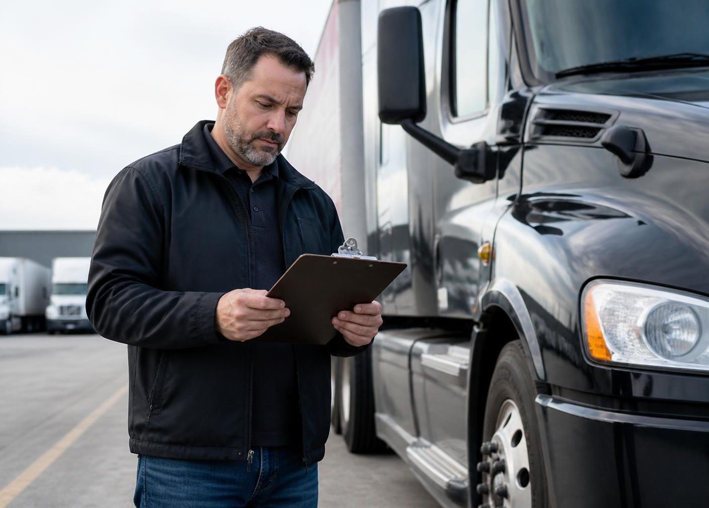 Compliance professional reviewing carrier documentation in a truck yard